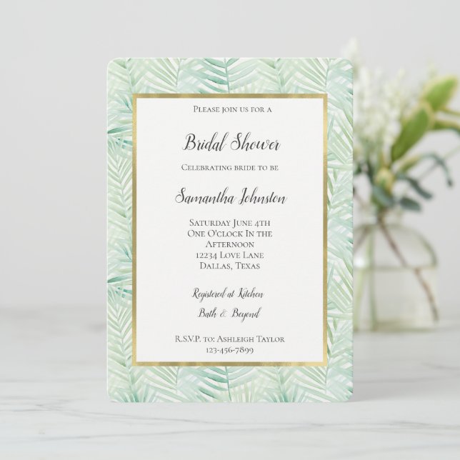 Green Tropical Leaves Aloha Bridal Shower Einladung (Stehend Vorderseite)