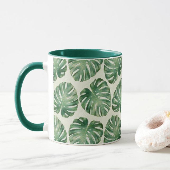 Green Tropical Monstera Blätter Muster Tasse (Mit Donut)