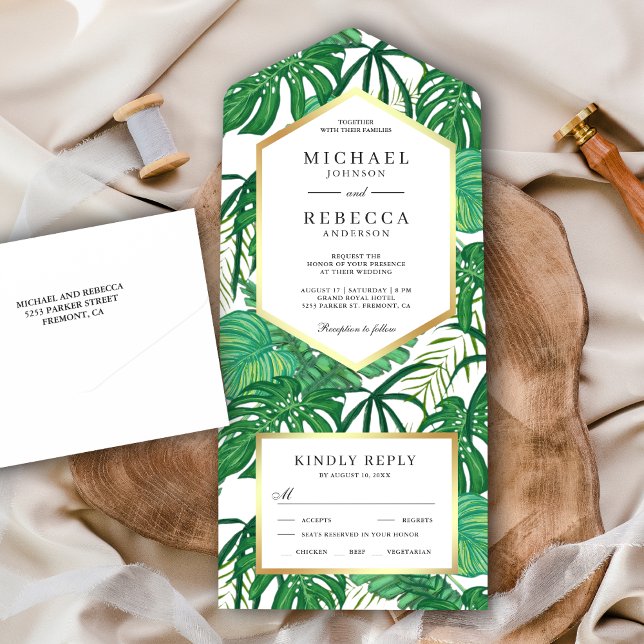Green Tropical Monstera Palm Blätter Hochzeit All In One Einladung (Von Creator hochgeladen)