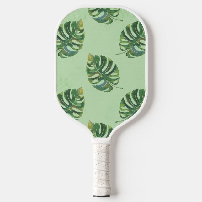 Green Tropical Monstera Pflanze Mit Monogramm Name Pickleball Schläger (Vorderseite)