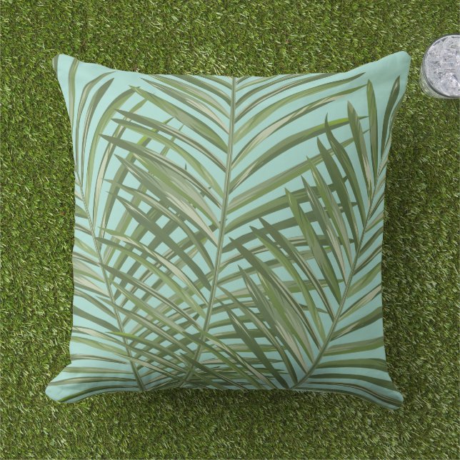 Green Tropical Palm Blätter Aqua Blue Kissen (Gras)