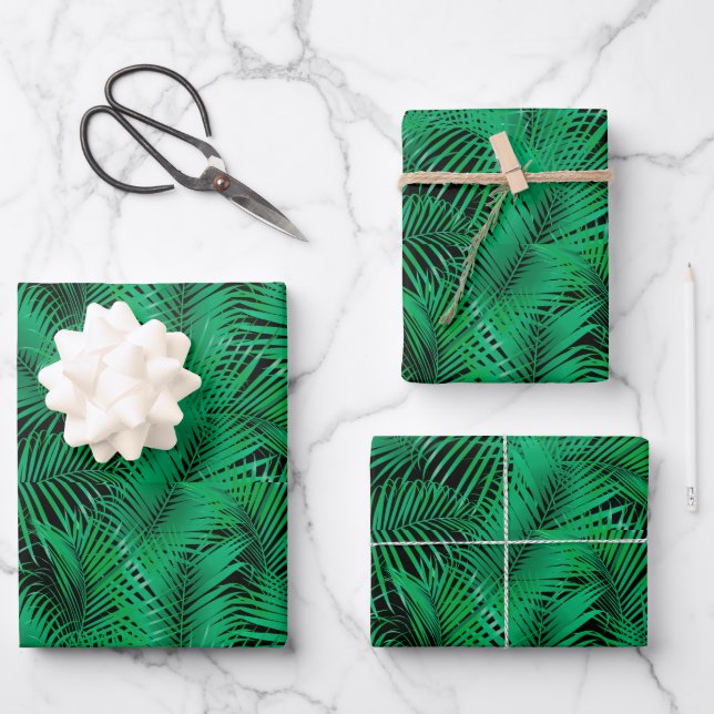 Green Tropical Palm Blätter auf schwarz (Vorderseite)