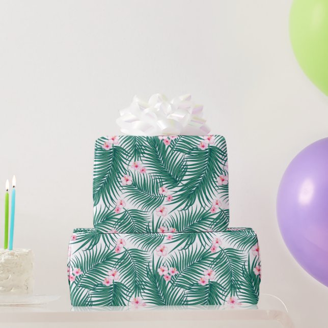 Green Tropical Palm Blätter mit Hibiskus Blume Geschenkpapier (Partygeschenke)