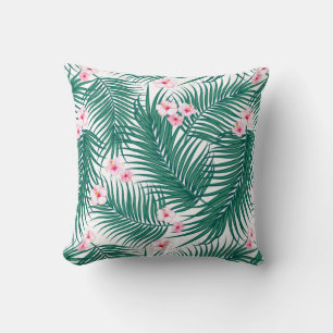 Green Tropical Palm Blätter mit Hibiskus Blume Kissen