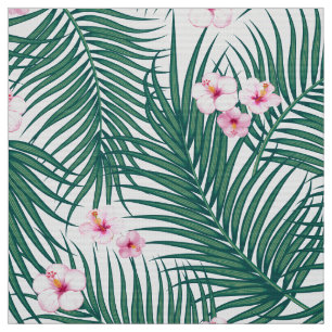 Green Tropical Palm Blätter mit Hibiskus Blume Stoff