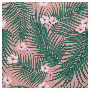 Green Tropical Palm Blätter mit Hibiskus Blume Stoff