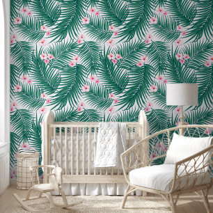 Green Tropical Palm Blätter mit Hibiskus Blume Tapete