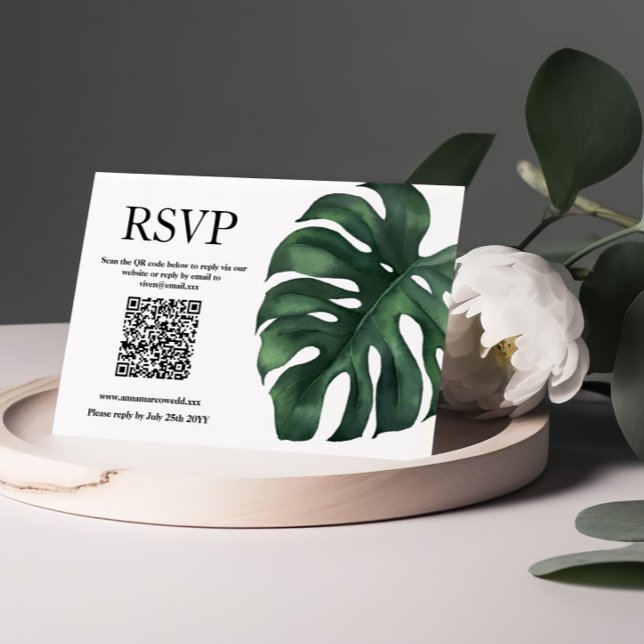 Green Tropical Palm Blätter QR Code Response Card RSVP Karte (Von Creator hochgeladen)