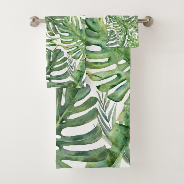 Green Tropical Palm Blätter Sommerinsel Breeze Badhandtuch Set (Insitu)