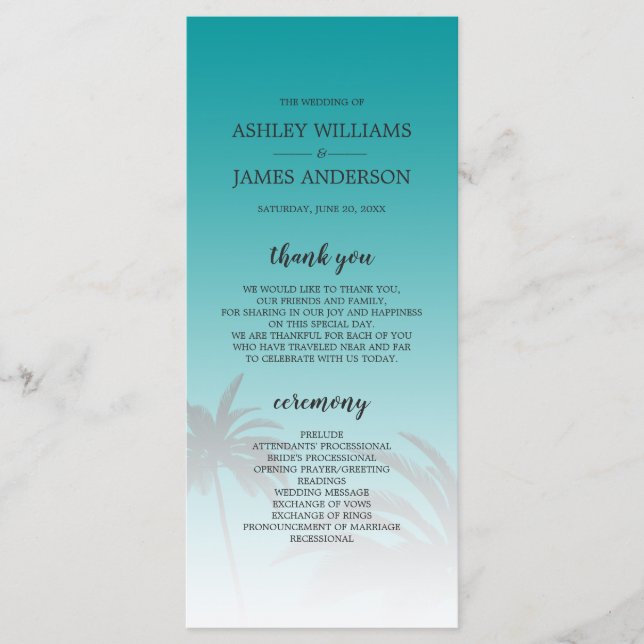 Green Tropical Palm Tree Beach Hochzeit Programm (Vorderseite)