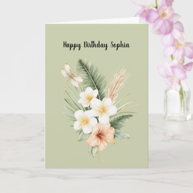 Green Tropical Peach Hibiscus Dragonfly Birthday Karte (Orchidee)