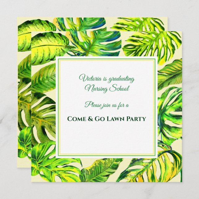 Green Tropical Watercolor Blätter Abschluss Einladung (Vorne/Hinten)