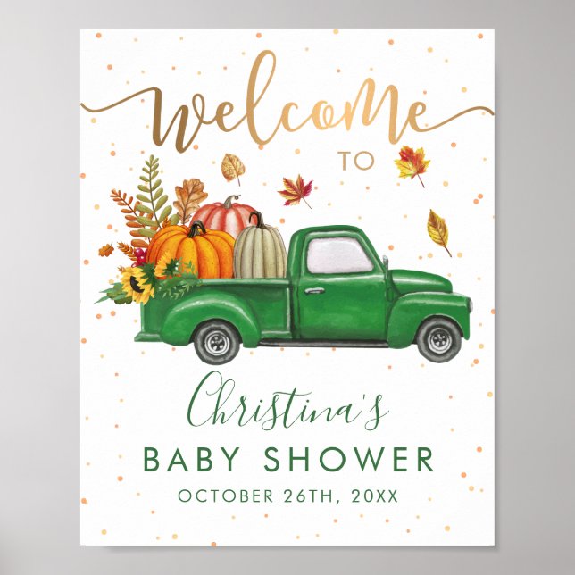 Green Truck Autumn Pumpkin Baby Dusche Willkommen Poster (Vorne)