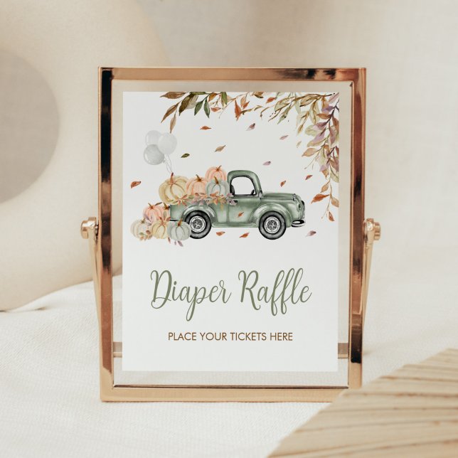 Green Truck Pumpkin Diaper Raffle Baby Dusche Poster (Little Pumpkin Green Truck Baby Shower Diaper Raffle Sign)