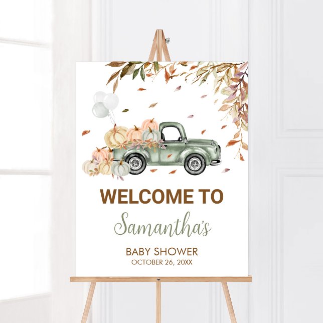 Green Truck Pumpkin Welcome Baby Dusche Poster (Little Pumpkin Green Truck Baby Shower Welcome Sign)