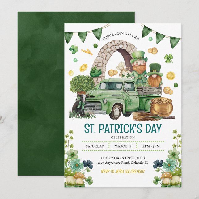 Green Truck St. Patricks Day Leprechaun Gnomes Einladung (Vorne/Hinten)