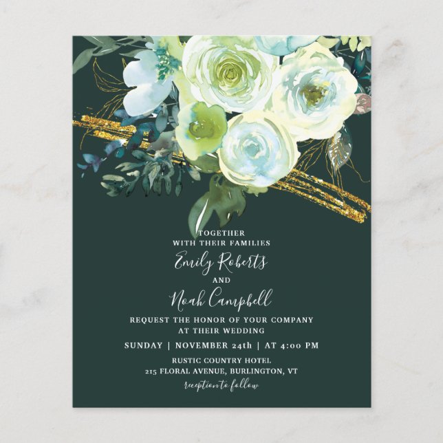 Green Turquoise Floral Gold Glitzer Hochzeit Flyer (Vorne)
