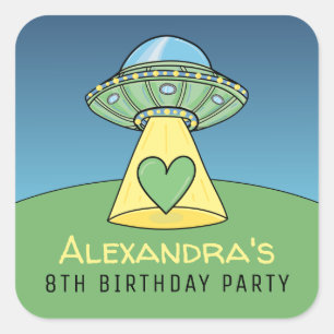 Green UFO Alien Birthday Party Quadratischer Aufkleber