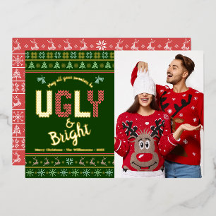 Green Ugly Sweater Christmas Foto Tacky Real Gold Folien Feiertagskarte
