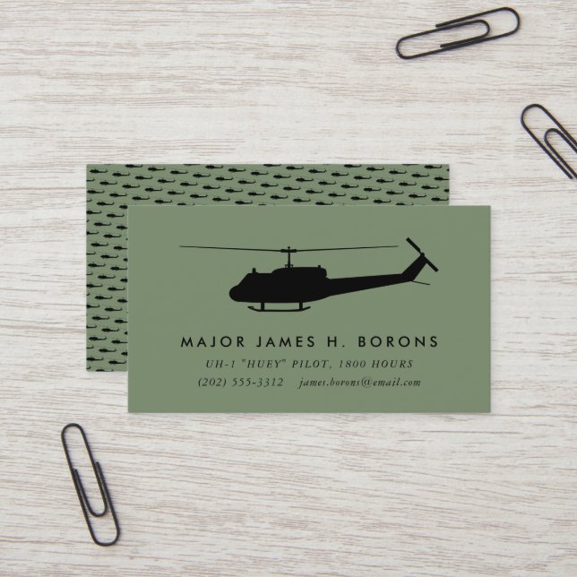 Green UH-1 Huey Pilot Business Card mit Muster Visitenkarte (Vorderseite/Rückseite Beispiel)