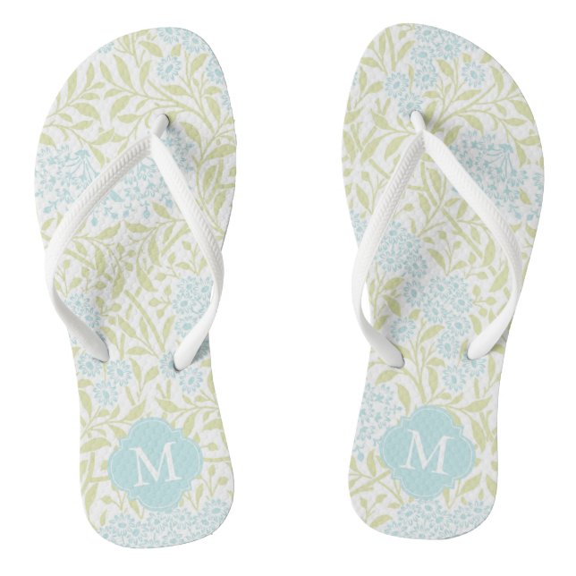 Green und Aqua Floral Damask Mit Monogramm Flip Flops (Fußbett)