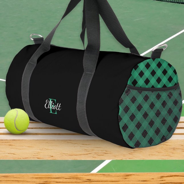 Green und Black Buffalo Kariert Mit Monogramm Duffle Bag (An elegant duffel bag with monogram, color block black, and green buffalo plaid)