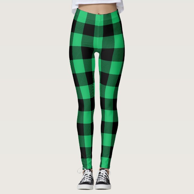 Green und Black Buffalo Karo Gingham Holiday Leggings (Vorderseite)