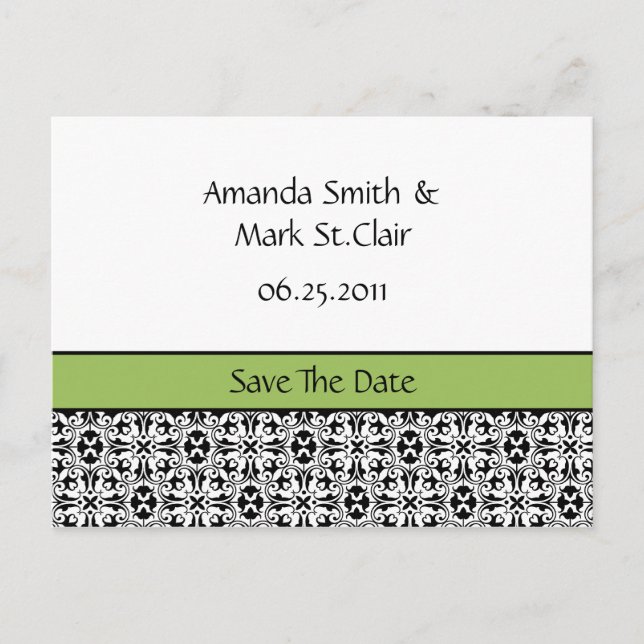 Green und Black Damask Save the Date Ankündigungspostkarte (Vorderseite)
