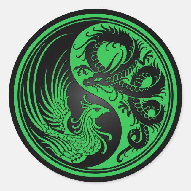 Green und Black Dragon Phoenix Yin Yang Runder Aufkleber (Vorderseite)