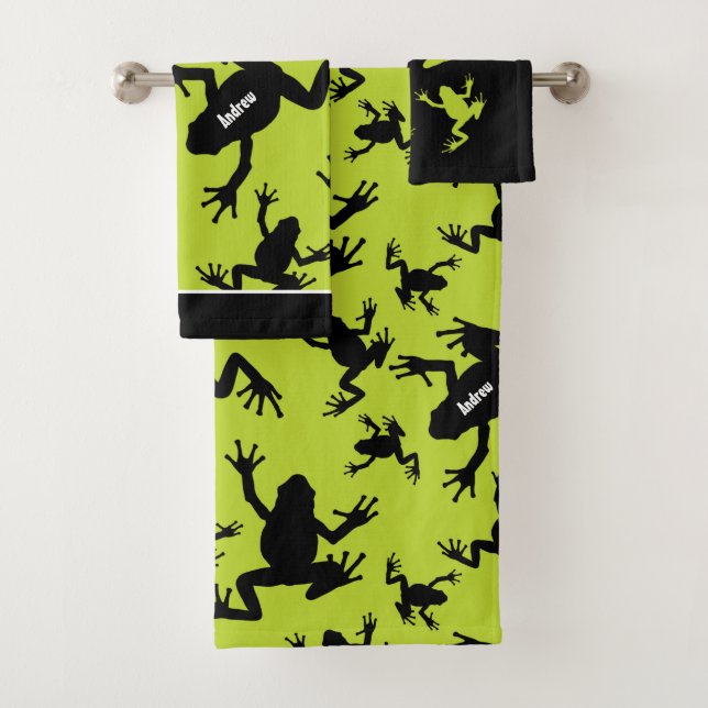 Green und Black Frog Pattern Kids Badhandtuch Set (Insitu)