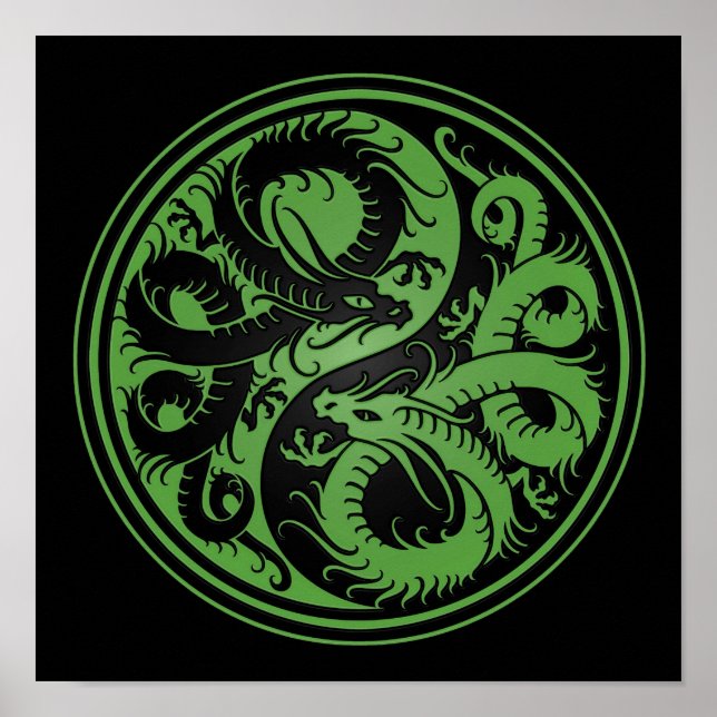 Green und Black Yin Yang chinesische Drachen Poster (Vorne)
