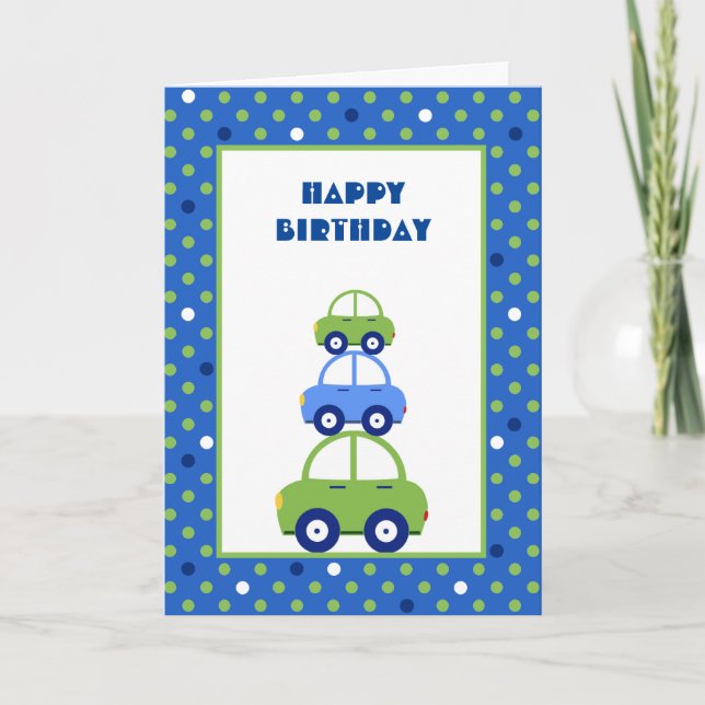 Green und Blue Car Kindergeburtstag Card Karte (Vorderseite)