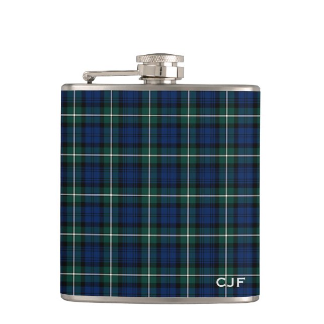 Green und Blue Clan Forbes Tartan Monogram Flachmann (Vorderseite)
