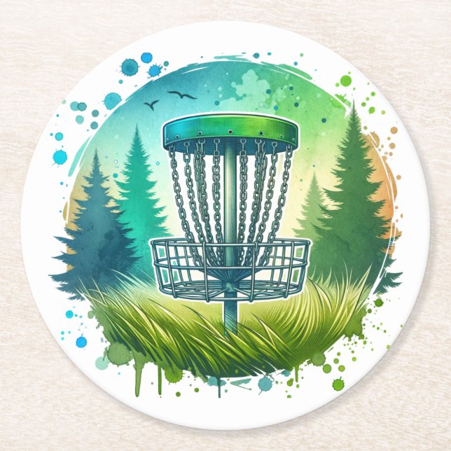 Green und Blue Disk Golf Themed Runder Pappuntersetzer (Vorderseite)