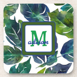 Green und Blue Foliage Philodendron Mit Monogramm Getränkeuntersetzer
