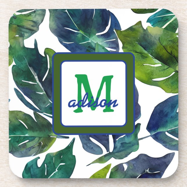 Green und Blue Foliage Philodendron Mit Monogramm Getränkeuntersetzer (Vorderseite)