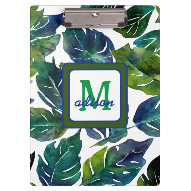 Green und Blue Foliage Philodendron Mit Monogramm Klemmbrett (Vorderseite)