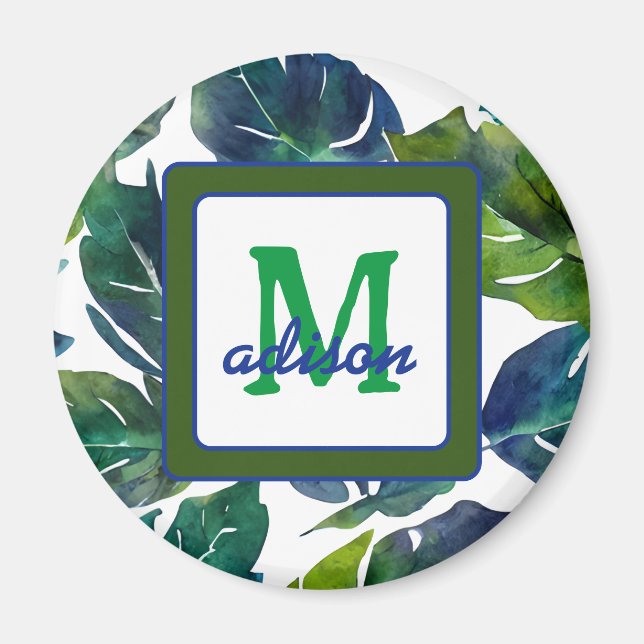 Green und Blue Foliage Philodendron Mit Monogramm Magnet (Vorne)