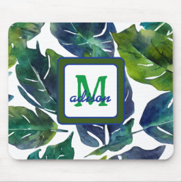 Green und Blue Foliage Philodendron Mit Monogramm Mousepad
