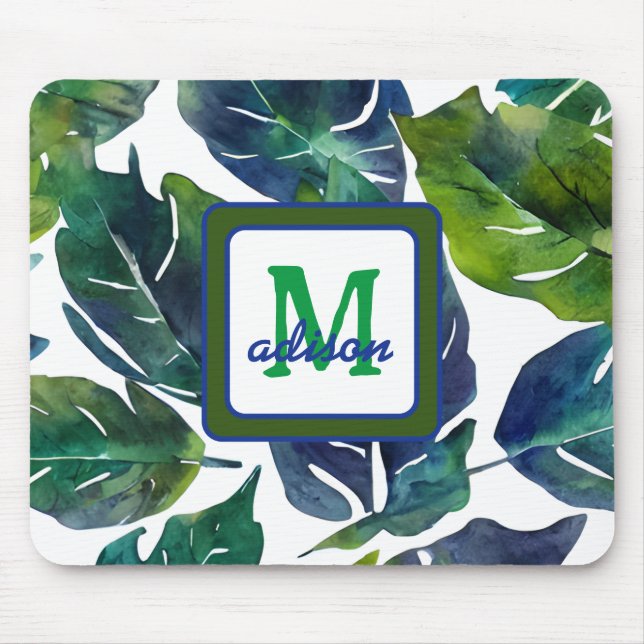 Green und Blue Foliage Philodendron Mit Monogramm Mousepad (Vorne)