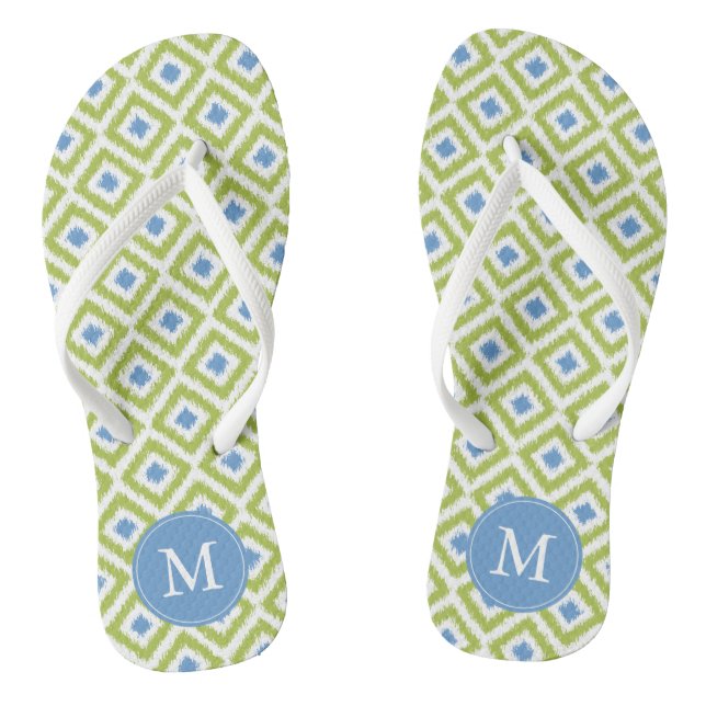 Green und Blue Ikat Muster Monogram Flip Flops (Fußbett)