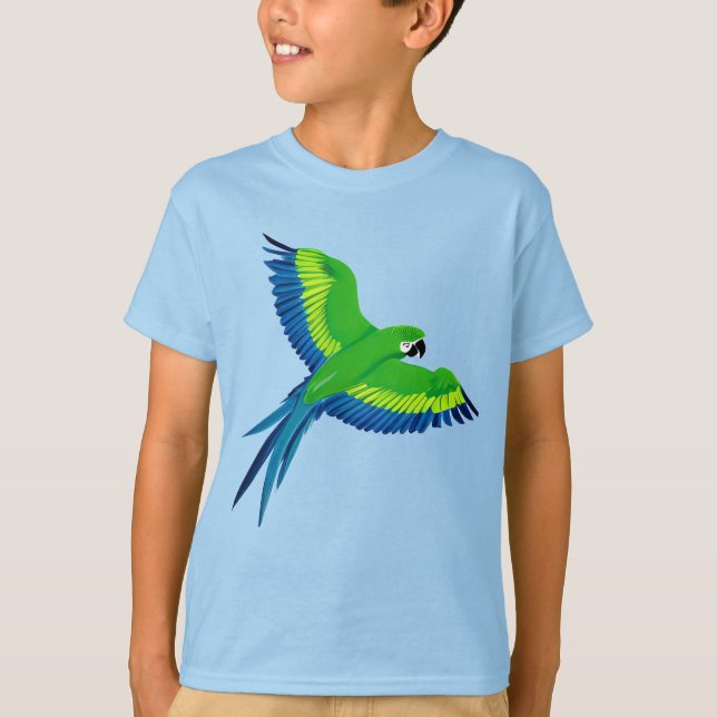 Green und Blue Macaw / Parrot in Flight Kid's T-Sh T-Shirt (Vorderseite)