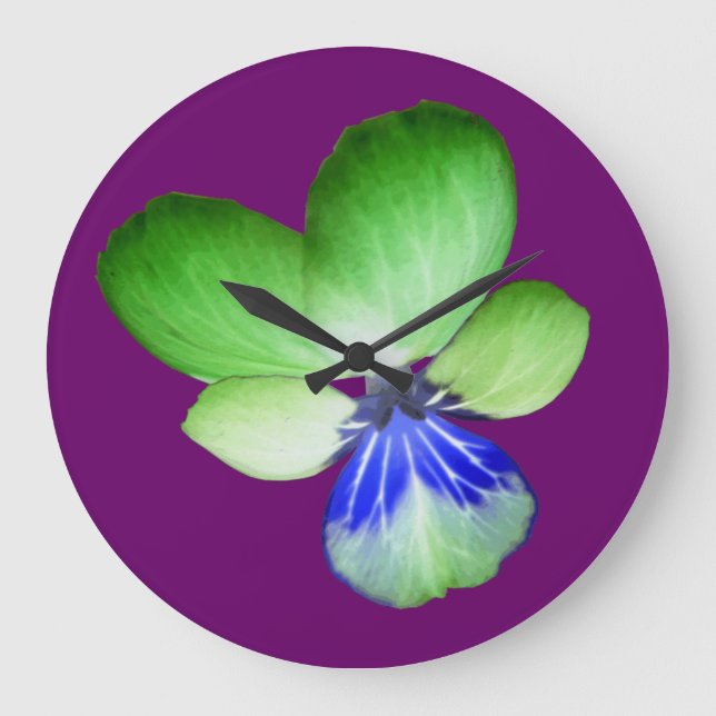 Green und Blue Pansy Wall Clock Große Wanduhr (Vorderseite)