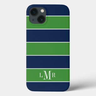 Green und Blue Rugby Stripes Mit Monogramm iPhone 13 Hülle