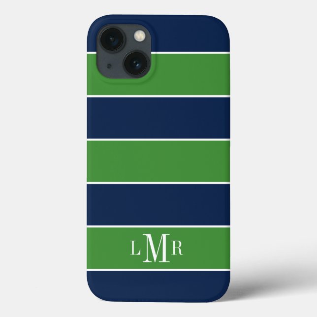 Green und Blue Rugby Stripes Mit Monogramm Case-Mate iPhone Hülle (Rückseite)