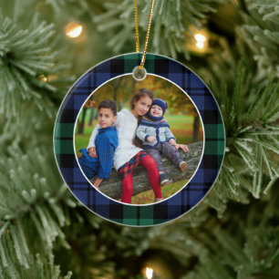 Green und Blue Tartan Karierte Custom Family Foto Keramik Ornament