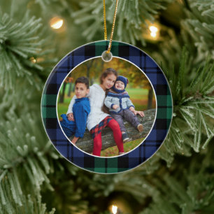 Green und Blue Tartan Karierte Custom Family Foto Keramik Ornament