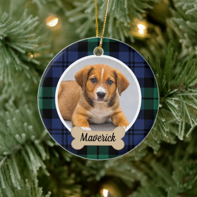 Green und Blue Tartan Kariertes Custom Dog Foto Keramik Ornament (Baum)
