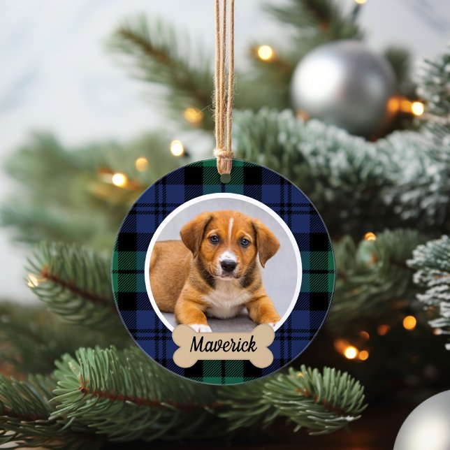 Green und Blue Tartan Kariertes Custom Dog Foto Ornament (Von Creator hochgeladen)