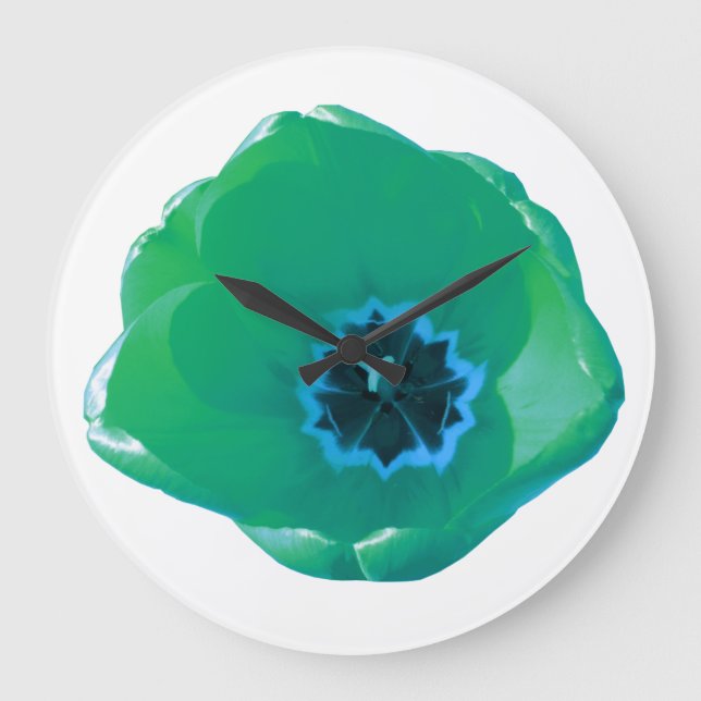 Green und Blue Tulip Wall Clock Große Wanduhr (Vorderseite)